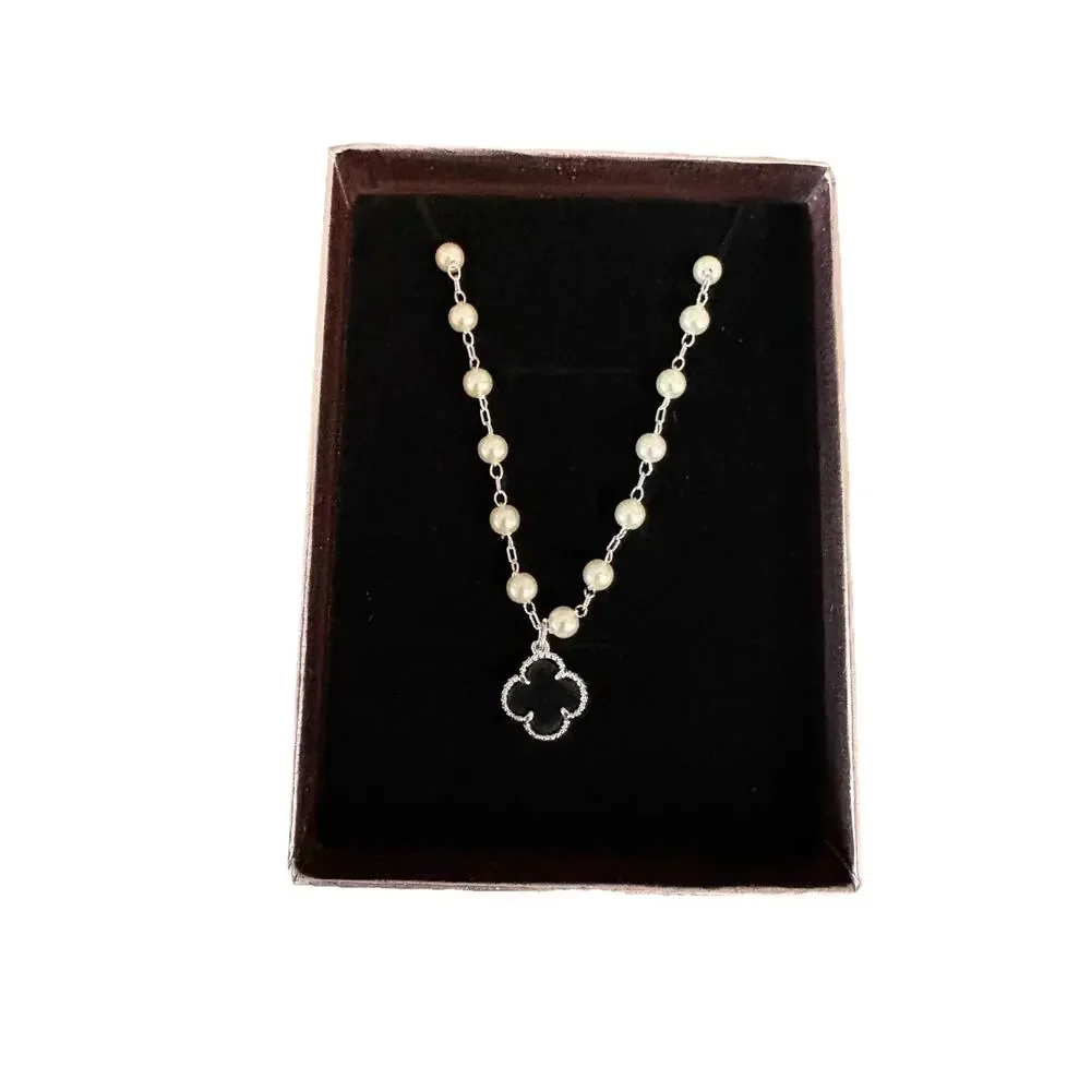 Black Clover Pendant Necklace Faux Pearl Chain Silver Tone Adjustable 17 Inches